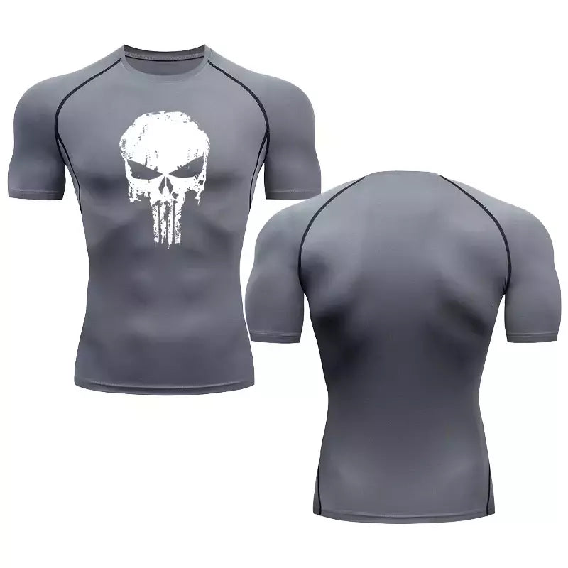Camiseta masculina de compressão manga curta, blusa de mma, camiseta de caveira, blusa respirável para musculação, preta, verão
