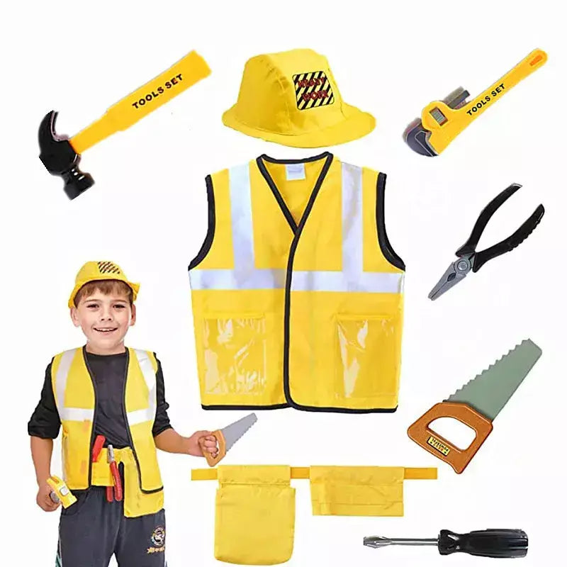 Traje de colete de trabalhador de construção infantil, conjunto de jogo de 5 peças de trabalhador, colete reflexivo amarelo com ferramentas, vestido de festa