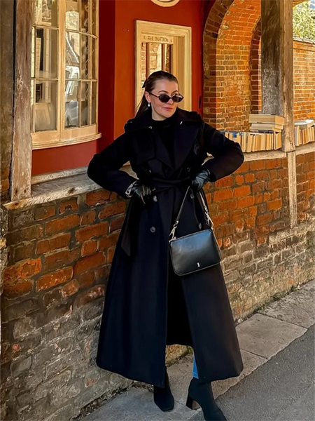 Trench coat maxi oversized feminino com lapela entalhada com cinto duplo breasted vintage streetwear 2025 tendência casual casacos diários