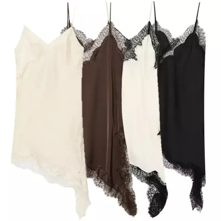 Hxao vestidos femininos de renda assimétrica vestido deslizante verão 2025 vestidos de noite sexy senhoras mini marrom sem mangas sem costas