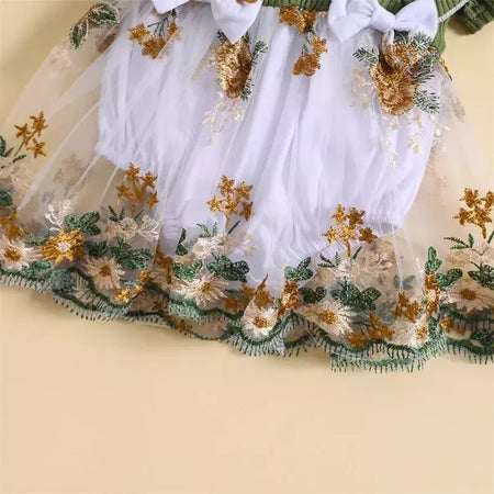 Vestido Romper das meninas do bebê recém-nascido, roupa do bebê, bordado da flor, costela da malha, babados macacões, roupas, roupa do verão