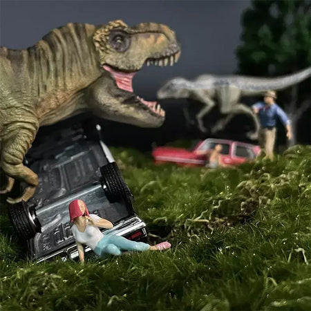 Resina Modelo do Mundo Jurássico, Parque dos Dinossauros, Ranger Homem, Mulher e Criança Figuras, Diecast Alloy Car, Cena em Miniatura Dioramas, Escala 1:64