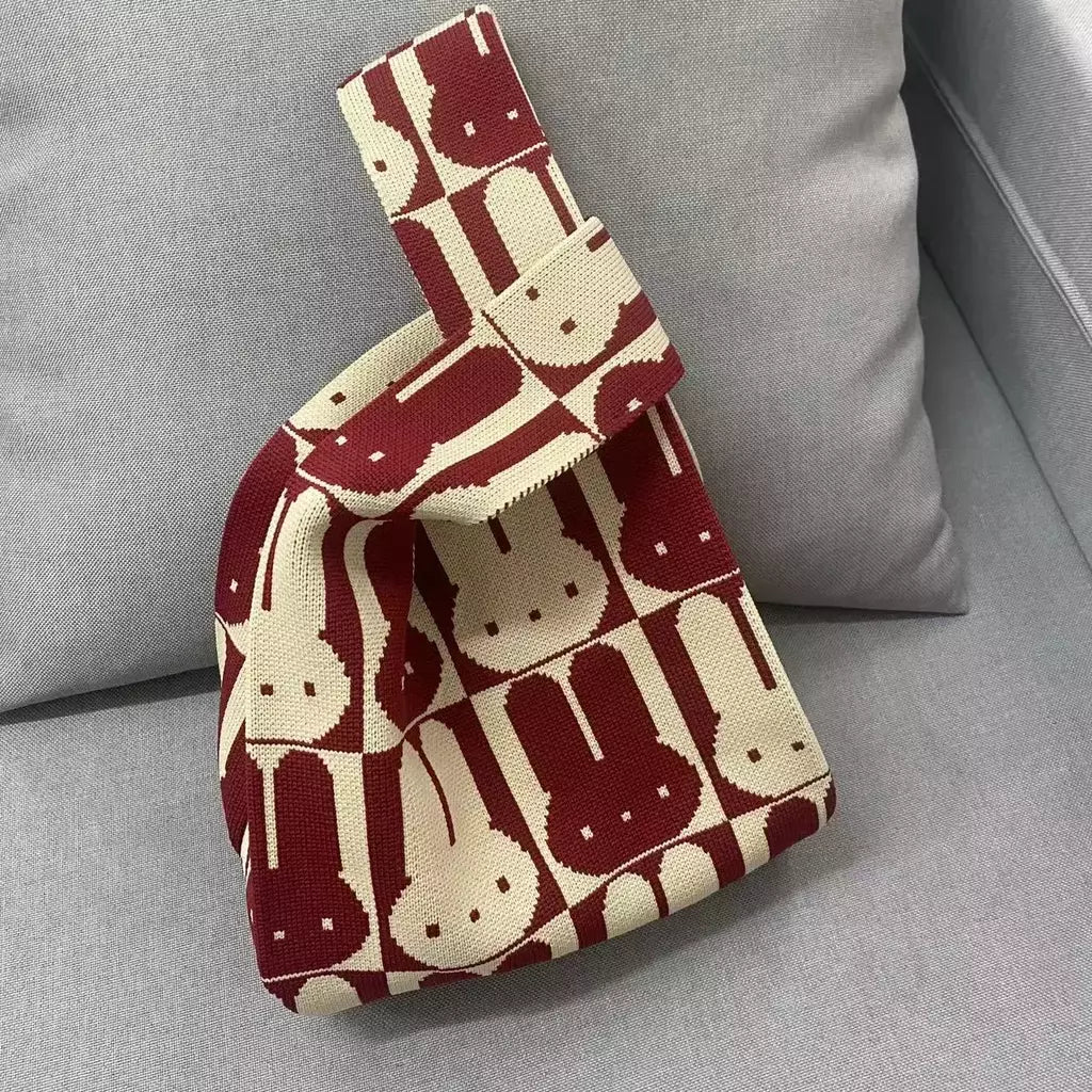 Saco de malha de nó animal para mulheres, gato coelho bonito sacola simples, bolsas de compras reutilizáveis para senhoras, moda