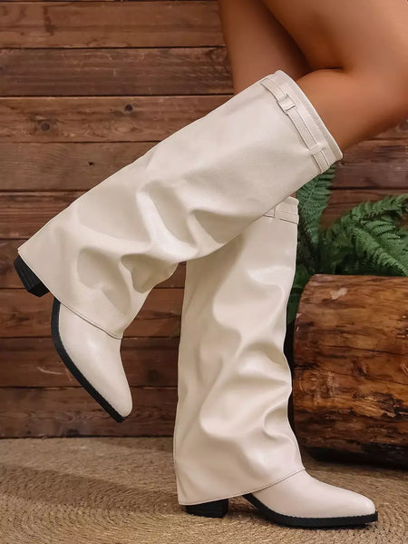 Moda plissada bota de salto alto outono novo tamanho grande estilo britânico calças de tubo alto bota feminina transfronteiriça lindamente