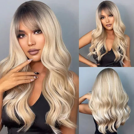 Louis ferre longo ombre loira perucas sintéticas com franja para mulheres onda natural penteado fibra resistente ao calor cosplay perucas marrons