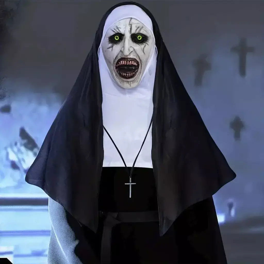 Horror a freira máscara cosplay assustador demônio sangrento fantasma rosto máscaras de látex com lenço festa de halloween traje adereços deluxe