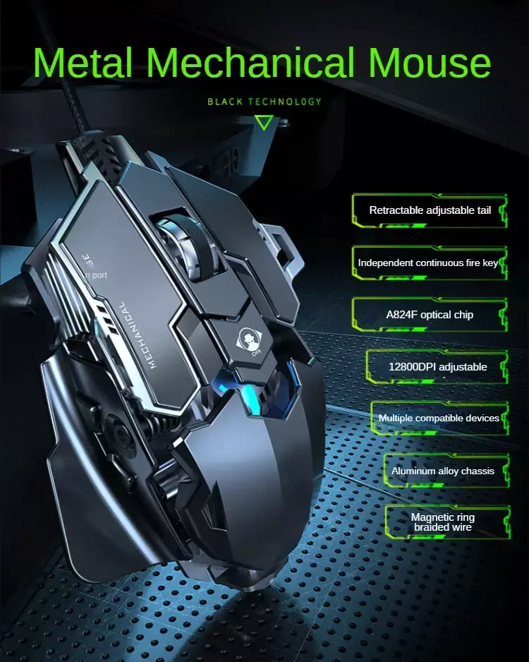 Novo mouse mecânico para jogos com fio, definição macro de 9 teclas, 12800 dpi, retroiluminado em cores, periférico de computador para windows pc