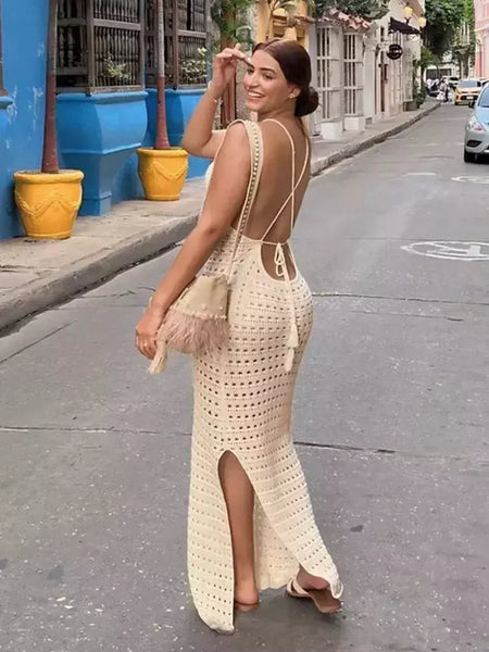 Vestido feminino maxi de malha de espaguete Bodycon praia, borla recortada sexy, roupa de festa do clube de férias de verão, maiô encobrir, K10