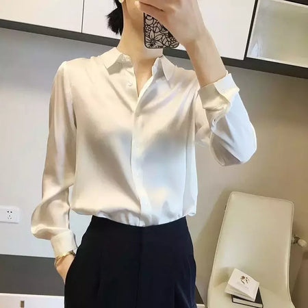 Camisas e blusas femininas com acabamento acetinado, blusa casual, manga comprida, botão, camisas elegantes, roupa francesa, monocromáticas, todos os fósforos, OL