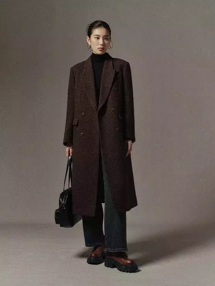 DUSHU-casaco longo de lã de peito duplo para mulheres, design chique, casaco de lã feminino, café escuro, cor marrom, sentido retrô, inverno, 2023