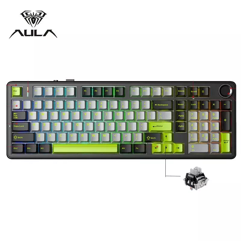 Teclado mecânico para jogos AULA F99PRO, 99 teclas, três modos, sem fio, estrutura de junta permutável, teclado personalizado com botão de mídia