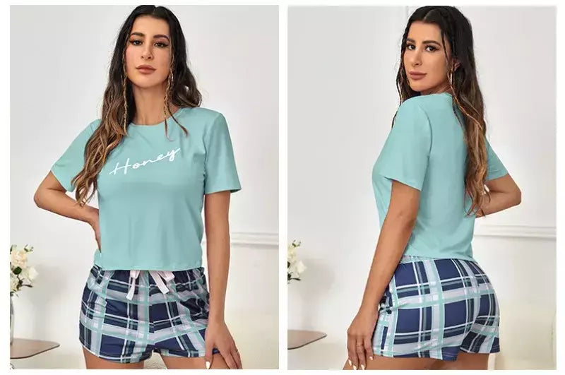 Conjunto pijama xadrez feminino, top e shorts casuais de manga curta, pijamas femininos, pijamas para casa, loungewear, 2 peças, verão, 2024