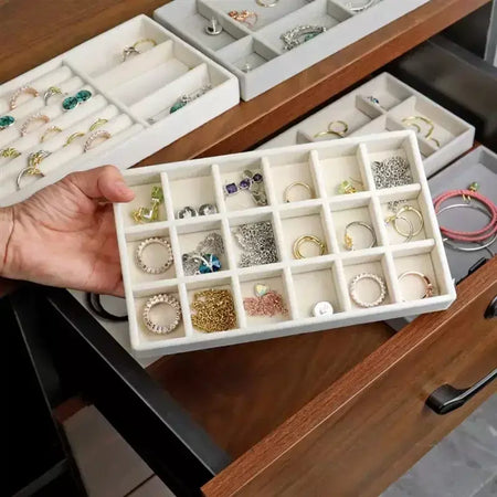 Atualizar caixa de armazenamento de jóias de veludo colar empilhável bandeja de exibição pulseira brinco organizadores diy artesanato gaveta caixa cinza