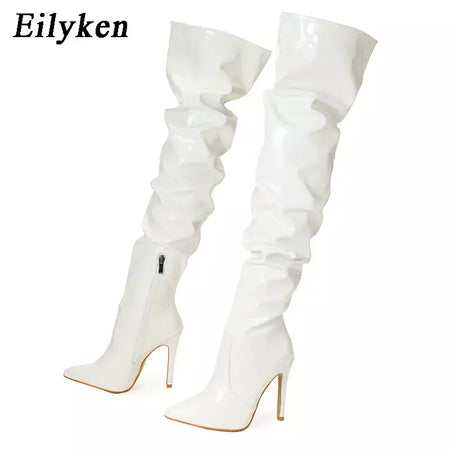 Eilyken-Patent Leather Apontado Toe Salto Alto para Mulheres, Botas Vermelhas Sobre o Joelho, Sapatos de Zíper Lateral, Stiletto Sólido, Calçado Feminino