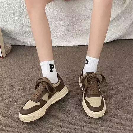 Tênis de fundo grosso feminino, tênis de tabuleiro, calçados esportivos, casual, combinando cores, cáqui, preto, branco, nova moda