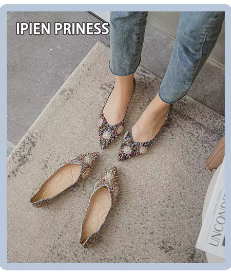 Mocassins lisos de strass de dedo apontado, sapatilhas femininas clássicas, sapatilhas femininas, sapatos de barco macio, rebites, novo, outono, 2022
