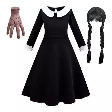 Crianças addams traje do bebê meninas família cosplay traje de halloween crianças família dança vestido preto quarta-feira pageant fantasia