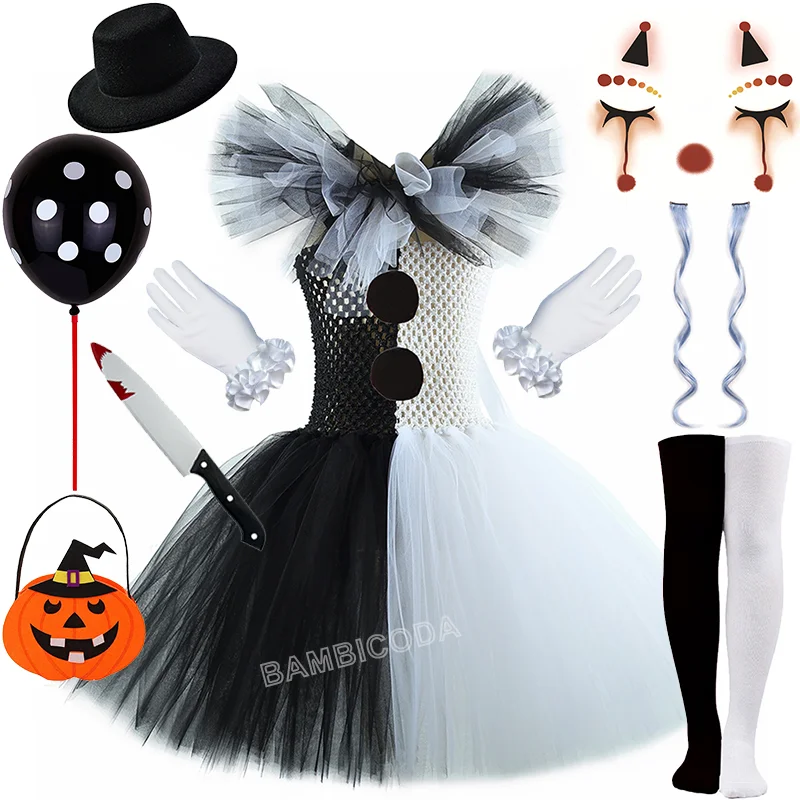 O traje de palhaço terrível arte menina preto branco fantasia tutu vestido horror coringa vestido para meninas trajes de festa de carnaval de halloween