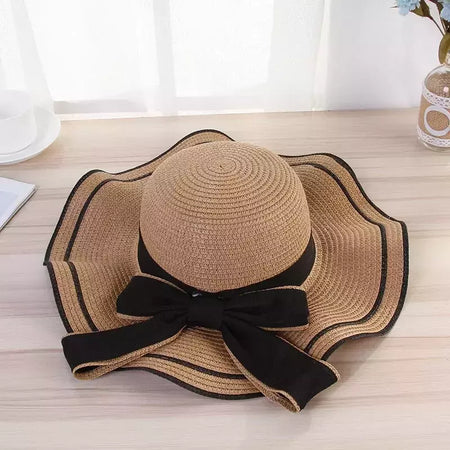 Chapéu de praia vaqueiro feminino, lateral larga, chapéu Panamá casual, Lady Classic, nó liso, chapéu de sol palha, presente Fedora feminino, verão