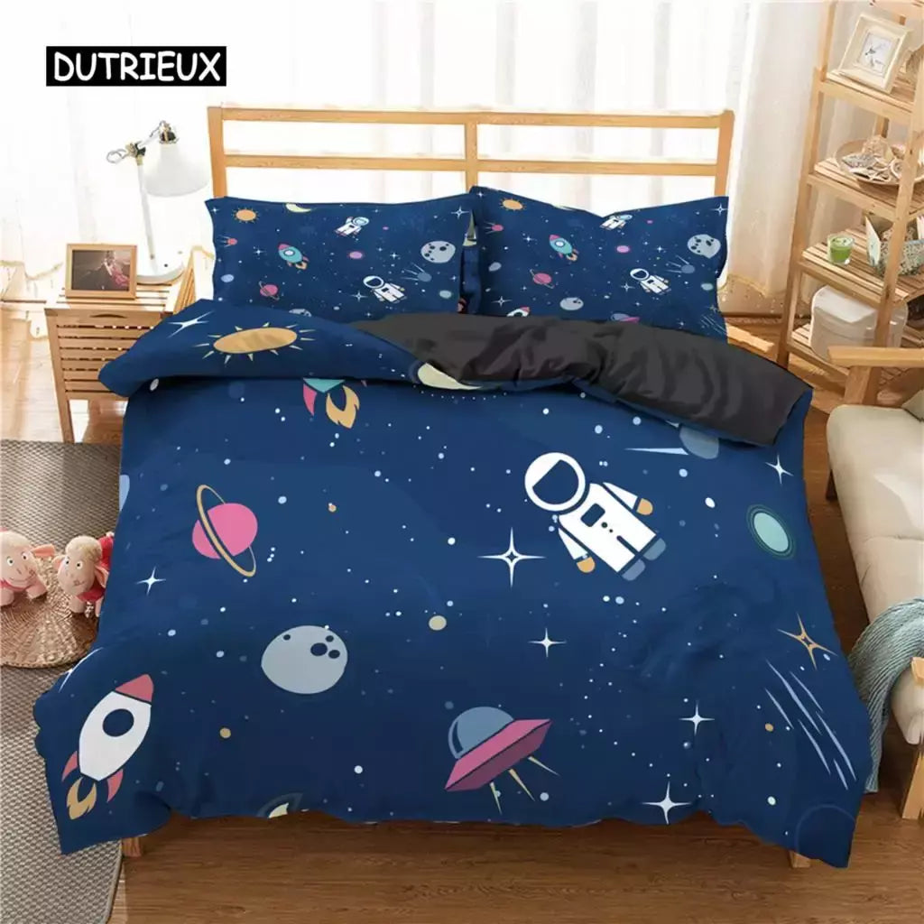 Conjunto de cama para meninos da aviação dos desenhos animados, astronauta Duvet Cover, Blue Sky Dream Quilt Cover, gêmeo, único, tamanhos duplos, fronha