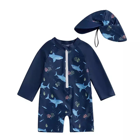 Maiô infantil de 0 a 5 anos, roupa de banho com estampa de tubarão, manga longa, meio zíper, com chapéu de sol, 2 peças, roupa de banho para crianças pequenas