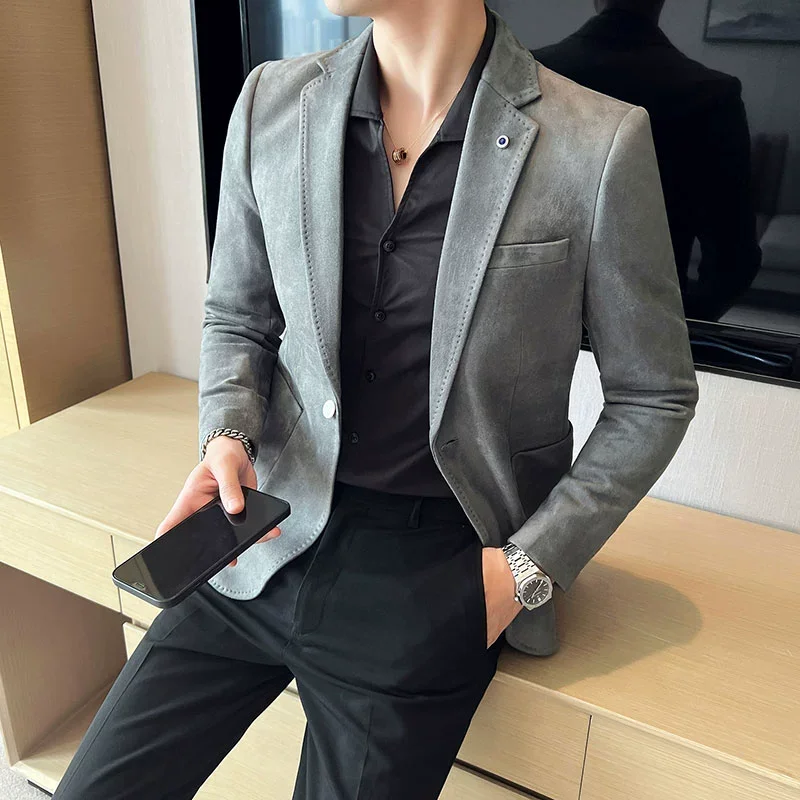 Nova Moda Terno Casaco dos homens Slim Fit Deerskin Veludo Elegante Luxo Blazer Casaco Negócios Casual Casamento Plus Size Terno 4XL-S