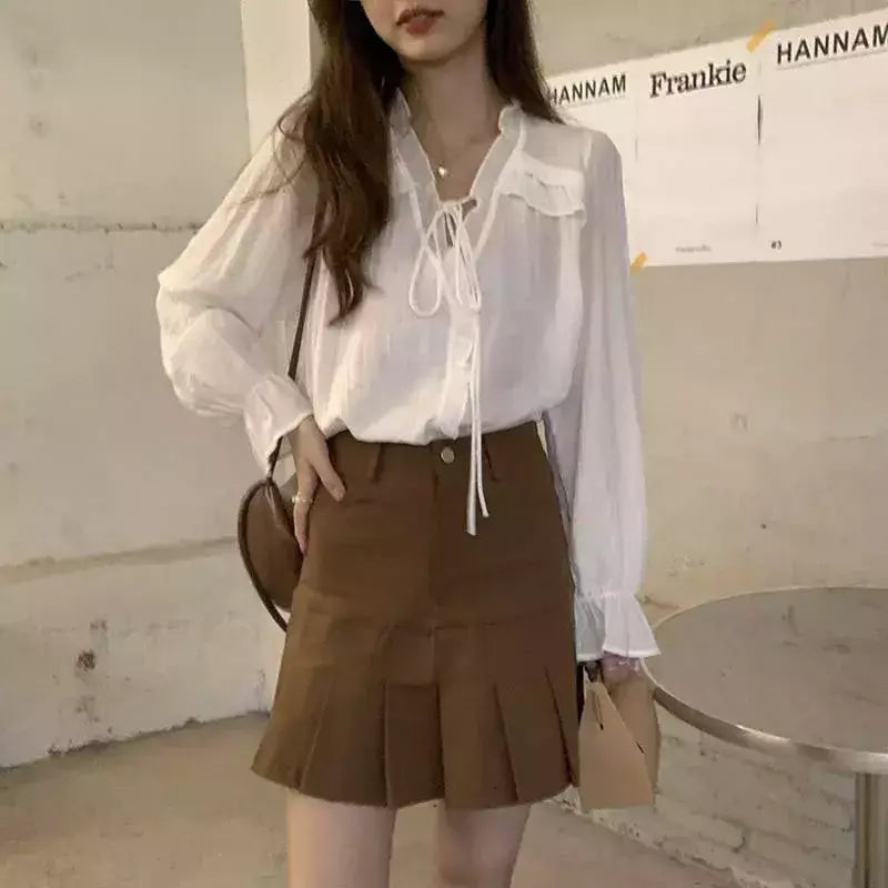 Xpqbb-Blusa de chiffon com decote em V para mulheres, camisas soltas com renda, manga comprida, babados, streetwear feminino, roupas coreanas, primavera e outono, 2024