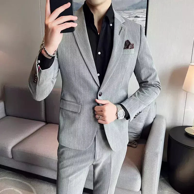 (Blazer + calças) high-end marca formal negócios xadrez terno dos homens noivo vestido de casamento cor sólida palco desempenho smoking S-7XL