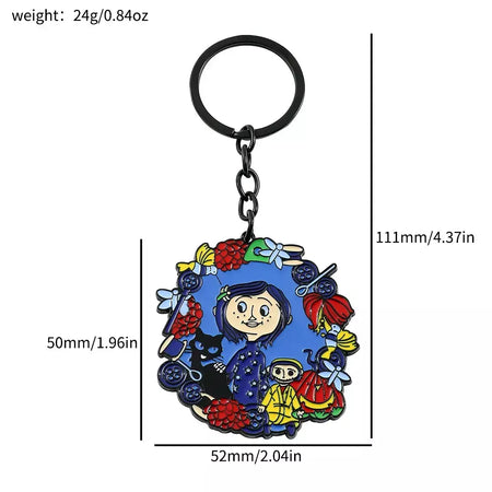 Figura de desenho animado Coraline e chaveiro de porta secreta, filme de anime emocionante de fantasia, pingente esmaltado, chaveiros, presentes de ornamento