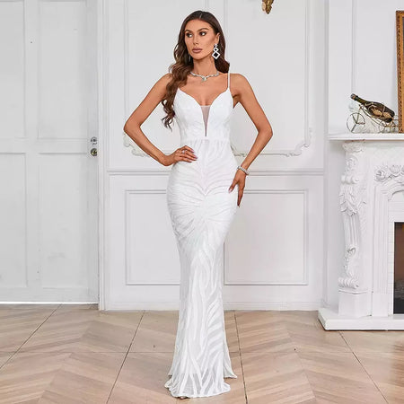 Vestido Maxi Lantejoula Branco Feminino, Vestido Sexy Strap, Vestido de festa longo