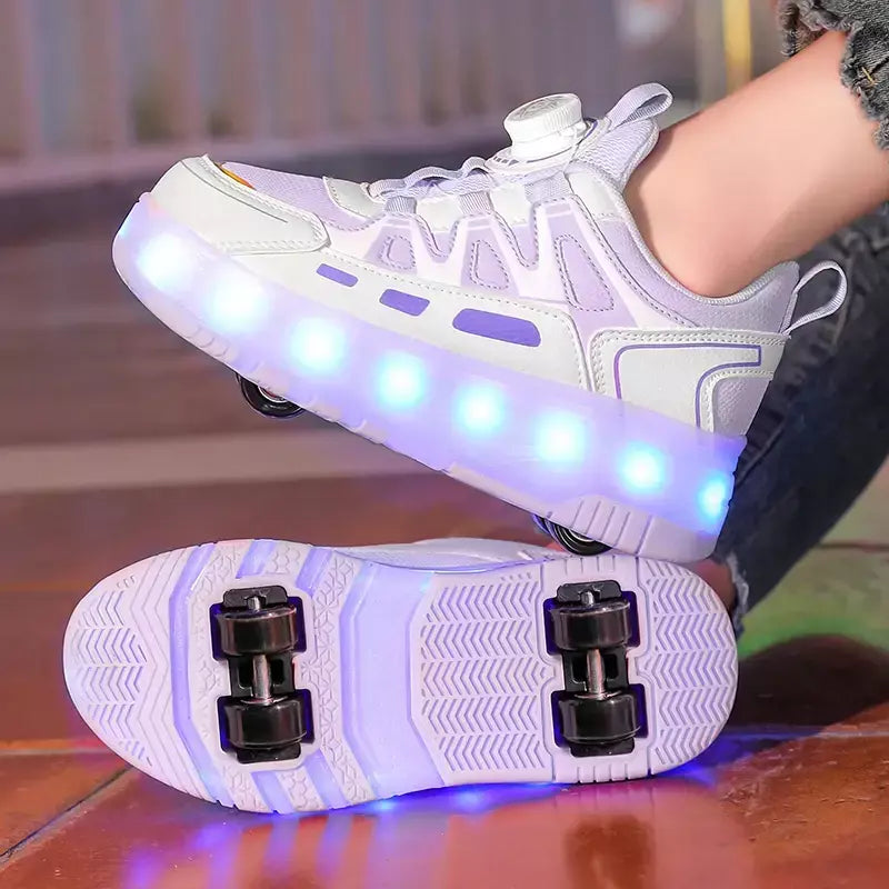 Crianças quatro rodas luminosa brilhante tênis preto rosa led luz rolo sapatos de skate crianças sapatos led meninos meninas carregamento usb