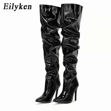 Eilyken-Patent Leather Apontado Toe Salto Alto para Mulheres, Botas Vermelhas Sobre o Joelho, Sapatos de Zíper Lateral, Stiletto Sólido, Calçado Feminino