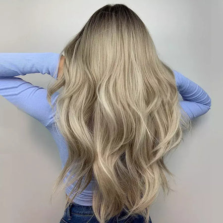 Marrom loira ombre perucas de cabelo natural para mulheres longo ondulado com raízes escuras peruca sintética para mulheres resistente ao calor perucas coaplay