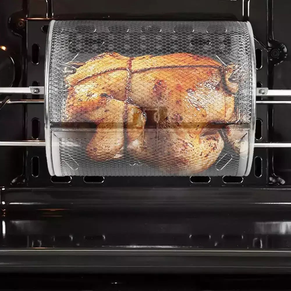 Forno de aço inoxidável rotativo redondo grill gaiola nozes grãos café cesta cozimento para churrasco fritadeira ar rotisserie acessórios
