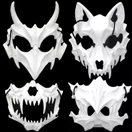Festa crânio máscara dentes longos demônio esqueleto meia máscara facial lobo dragão tigre houjuu nue máscara cosplay traje de halloween adereços