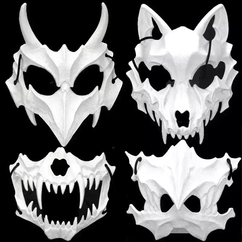 Festa crânio máscara dentes longos demônio esqueleto meia máscara facial lobo dragão tigre houjuu nue máscara cosplay traje de halloween adereços