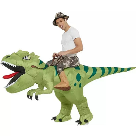 Nova venda quente engraçado criança adulto inflável equitação dinossauro verde cosplay traje crianças fantasia vestido de festa tema do feriado do dia das bruxas