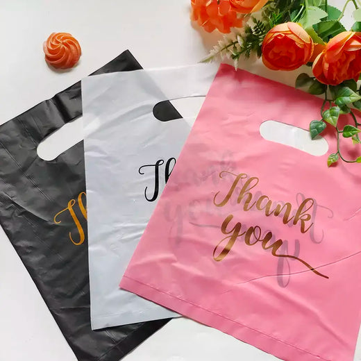 100/50/10 pçs obrigado sacos de presente casamento aniversário convidado presente envoltório sacos de loja de plástico pequenas empresas doces pastelaria loja embalagem