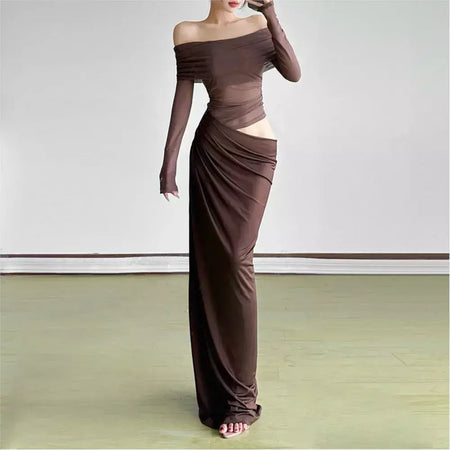Oco sexy vestido longo feminino um ombro malha transparente festa noite vestido de malha verão moda cor sólida maxi vestidos