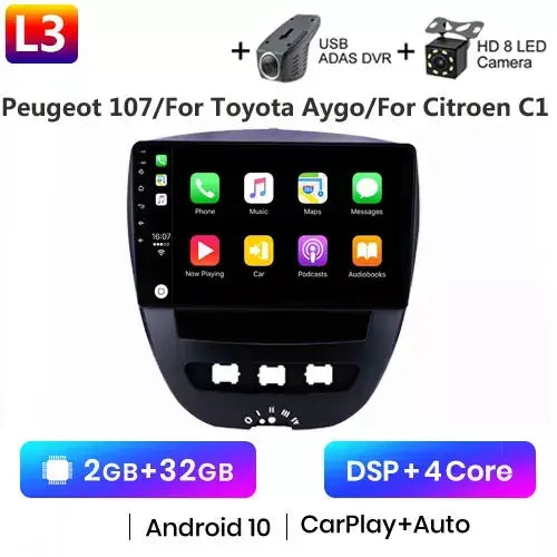 Android 10 2 din reprodutor multimídia do carro para peugeot 107 toyota aygo citroen c1 2005-2014 unidade principal estéreo navegação gps bt wifi