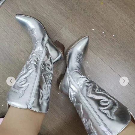Botas meio da panturrilha para mulheres, zíper lateral, ponteiro prateado, vaqueiro ocidental, moda retrô, preto, dourado, tamanho grande 36-43