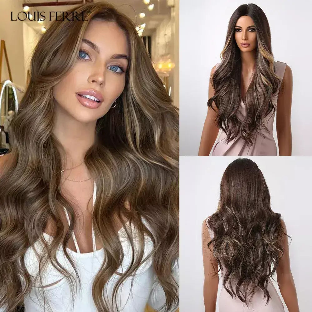 Louis ferre longo ombre loira perucas sintéticas com franja para mulheres onda natural penteado fibra resistente ao calor cosplay perucas marrons