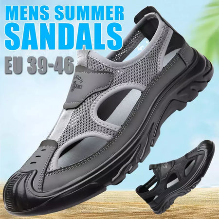 Sandálias Baotou respiráveis masculinas, sapatos de malha oca, leves, antiderrapantes, esportes casuais, ao ar livre, praia, verão