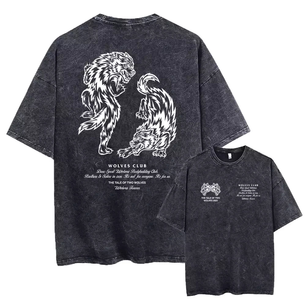 Lobos escuros Vintage lavados camisetas para homens, musculação em ginástica, roupas masculinas extragrandes, fitness no verão, treino