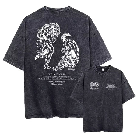 Lobos escuros Vintage lavados camisetas para homens, musculação em ginástica, roupas masculinas extragrandes, fitness no verão, treino