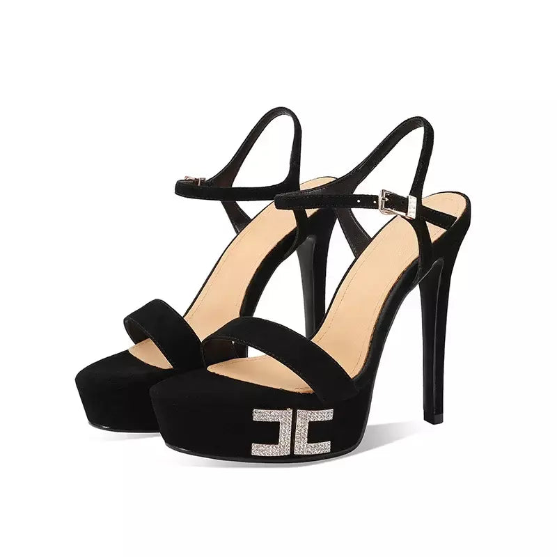 Arden furtado verão rosa ovelha camurça plataforma cristal banquete sapatos dedo do pé redondo super salto alto palavra-cingulate sandálias tamanho grande