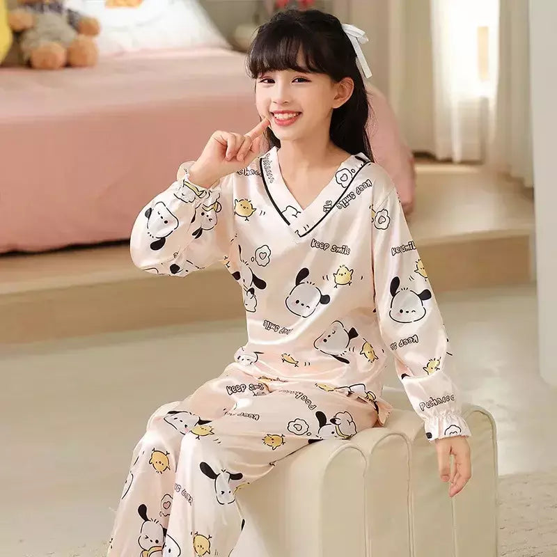 Ice Silk infantil Conjunto de Pijamas de manga curta, Pijamas gola V, Anime Sanrio Kuromi Minha melodia Desenhos animados, Cinnamoroll Menina, Cinnamoroll