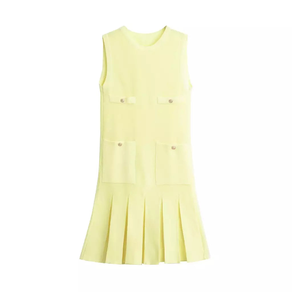 Mini vestido de bolso feminino sem mangas com o pescoço, malha, elegante vestido de botão, fino Lady Fashion, verão, fêmea, 2024