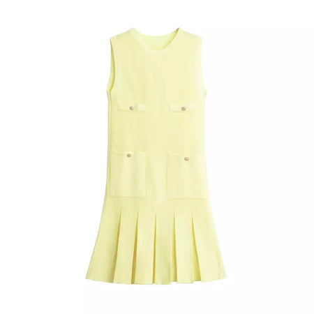 Mini vestido de bolso feminino sem mangas com o pescoço, malha, elegante vestido de botão, fino Lady Fashion, verão, fêmea, 2024