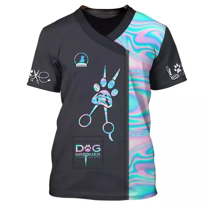 Dog Groomer's T-shirts para homens e mulheres, Pet Grooming Uniformes, Tops roupas, canino, veterinário, cabeleireiros, trabalho canino, 2024